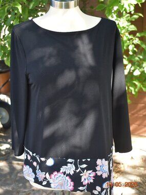 Chico’s Black Floral Border Top – Stylish Side Tie Detail